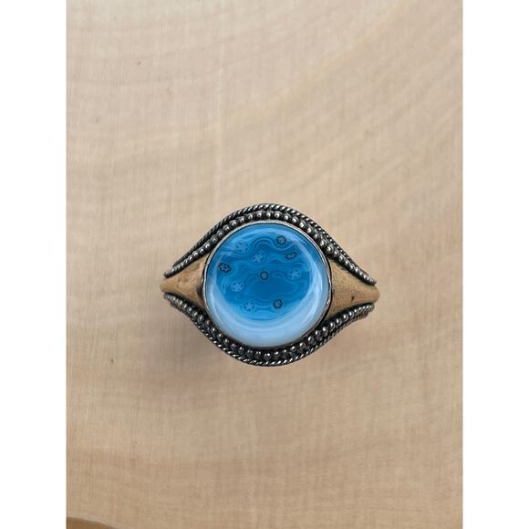 Vintage Space Stars Picture Agate Sterling Silver 18k Yellow Gold Ring Size 7.5 - Picture 2 of 5